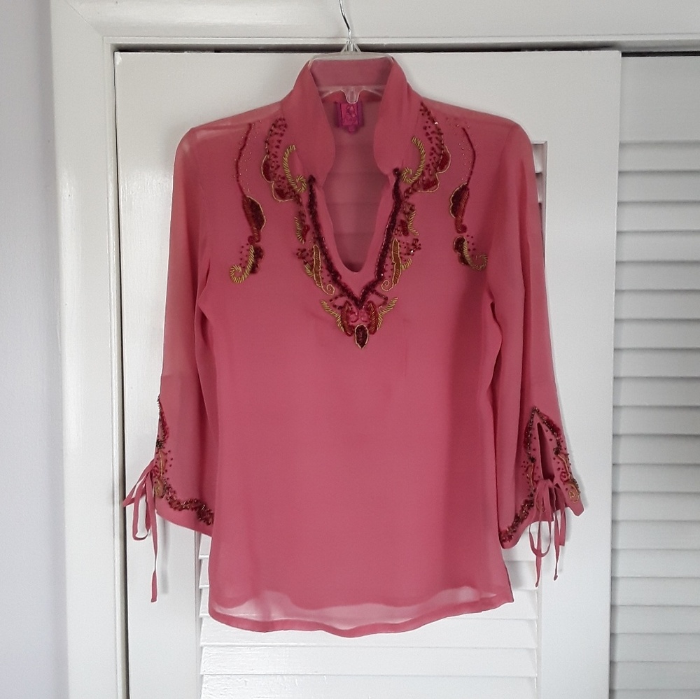100% Silk Sheer Beaded Embellished Top 🎈3/$10